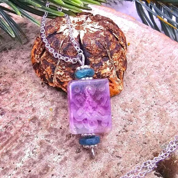Nature Fluorite Carved Fret Symbols Cube Pendant Necklace - Picture 2 of 10
